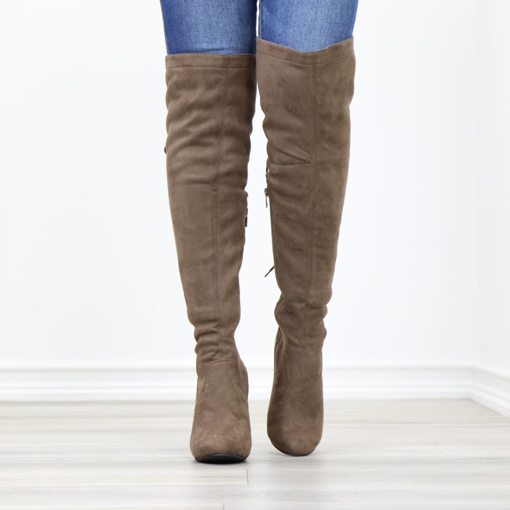 Taupe Suede Thigh High Over The Knee Block High Heel Boots With Lace Up Back - Picture 10 of 14